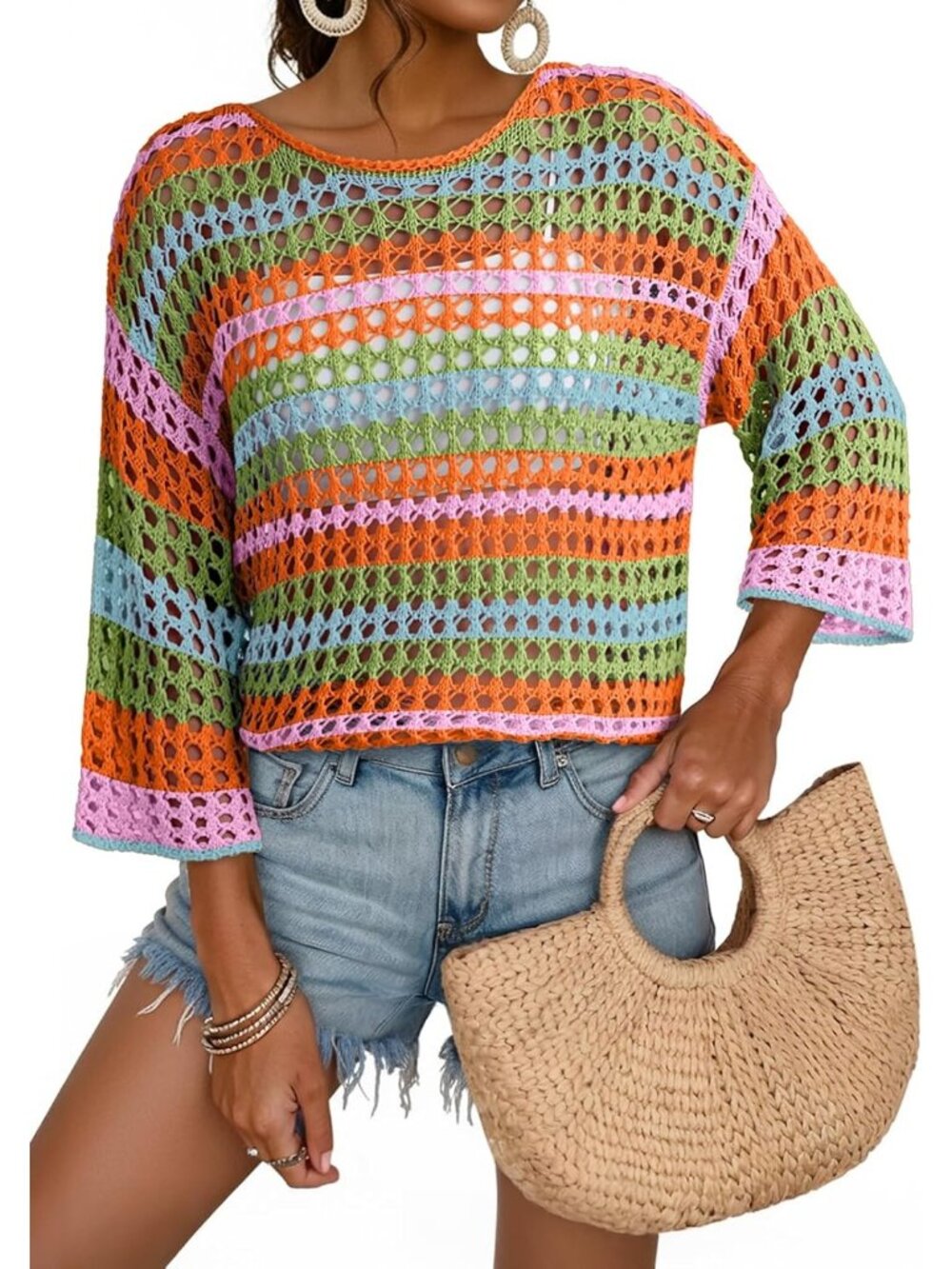 Women's Orange Sleeve Crochet Sweater Hollow Block  Cover Ups Striped Tops